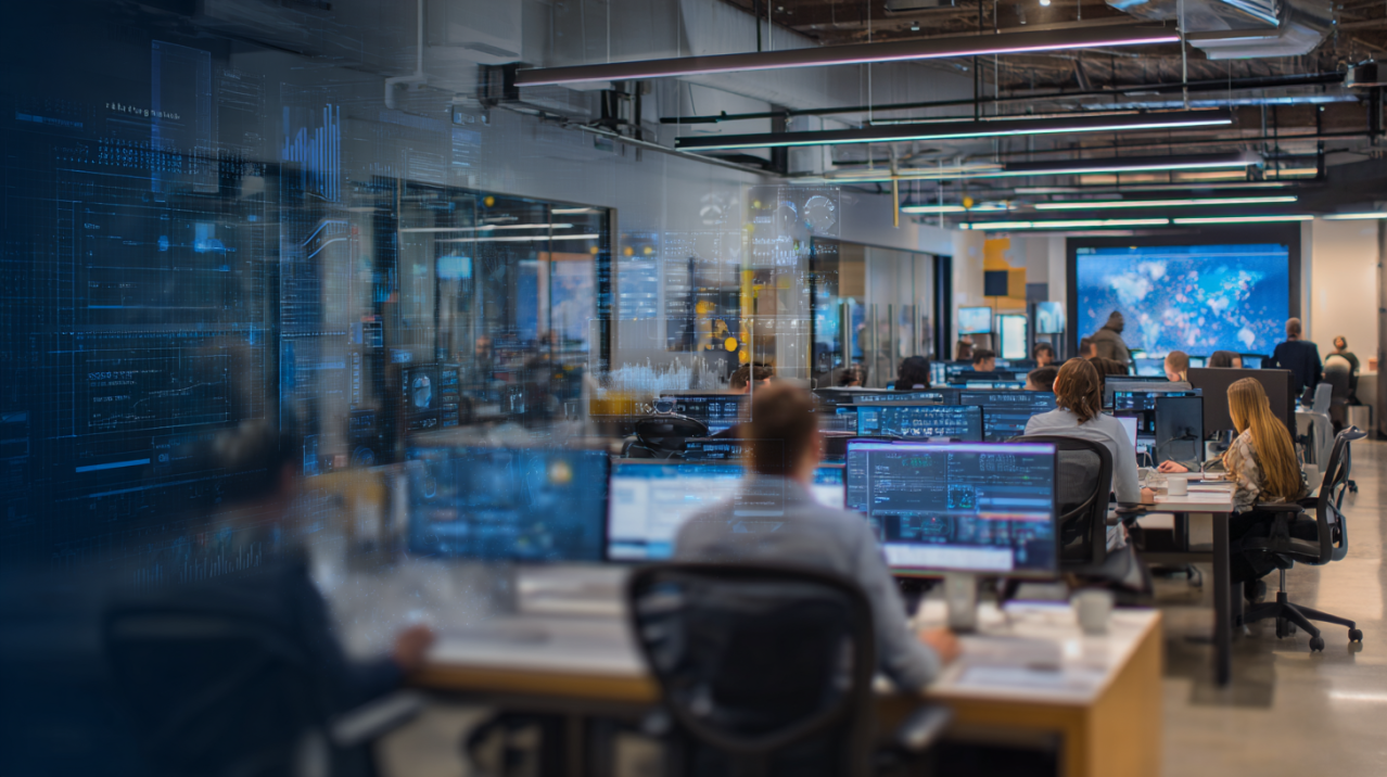 Diverse professionals collaborating and learning in a technology-driven workspace, representing ITRADE Innovations’ commitment to on-the-job training and workforce development.