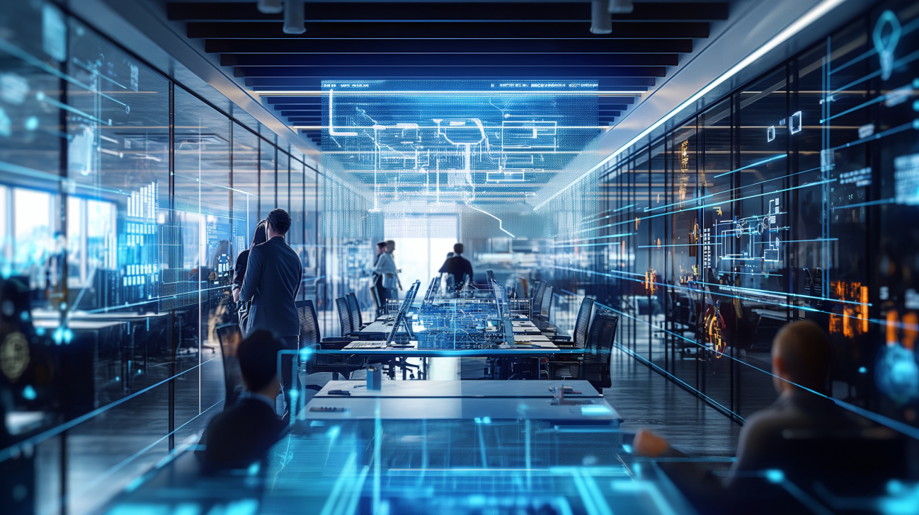 Modern professional office environment with sleek black workstations and yellow accent lighting, AWS cloud infrastructure diagrams on wall-mounted displays, aerospace engineering blueprints, solar panel schematics, advanced manufacturing equipment in background, diverse team of STEM professionals.